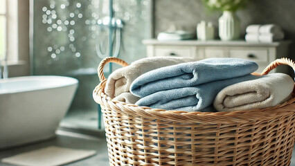 laundry basket filled with unwashed towels, set against a softly blurred background.