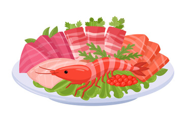 Asian cuisine dish. Japanese or Korean traditional food, seafood plate with tempura, sashimi and shrimps flat vector illustration. Cartoon tasty asian dish