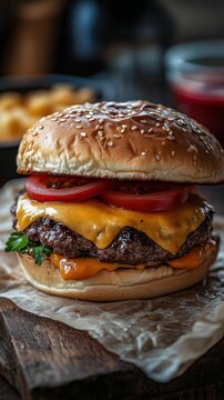 Juicy cheeseburger with tomatoes and sesame bun on wooden board