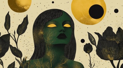 A creative graphic design for a Tshirt that incorporates the Virgo zodiac symbol with intricate floral patterns in green and gold emphasizing purity and a connection to nature