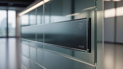 Modern office setting with a sleek glass digital display board.
