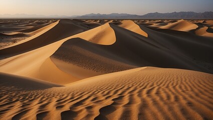 Expansive desert landscape with golden sand dunes under a clear sky.