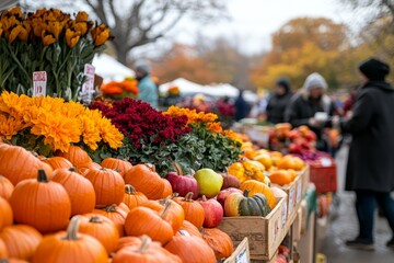 Autumn harvest market with vibrant pumpkins and colorful flowers in a bustling atmosphere