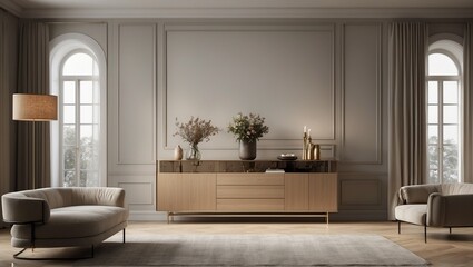 Fototapeta premium Elegant minimalist living room with neutral tones and chic decor.