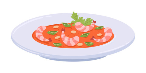 Asian tom yam soup. Delicious Japanese cuisine dish, traditional food, seafood plate with shrimps flat vector illustration. Cartoon tasty asian dish