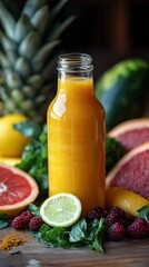 Fresh orange juice bottle with assorted fruits and leafy greens