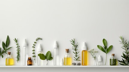 Aromatic plant oils in test tubes on white background for captivating banner display copy space