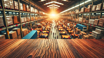 Obraz premium empty wooden table helves and crates in a dimly lit warehouse.