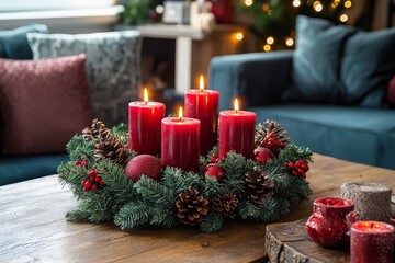 Festive Christmas advent wreath with red candles on a cozy table in a decorated living room