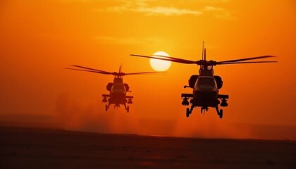 Two attack helicopters fly side by side against a glowing sunset backdrop.






