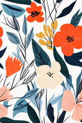 Fototapeta premium Seamless pattern featuring hand-drawn floral elements in warm and cool tones, combining stylized flowers and leaves with intricate details, perfect for fabric or stationary.