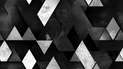 A geometric pattern with overlapping black and white triangles and rhombuses, creating a modern and dynamic visual effect with high contrast and texture.