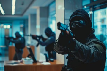 Tense Bank Robbery Standoff in Modern Bank - Police and Robber Face Off Dramatic Scene