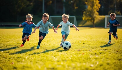 Obraz premium Children play soccer energetically on a grass field, with a focus on the players and dynamic light and shadow enhancing the lively scene.