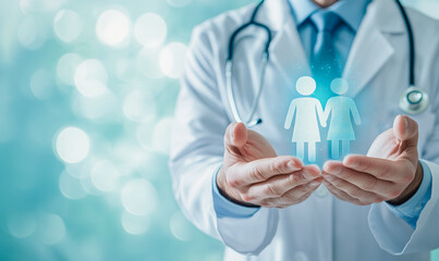 Doctor displaying virtual icons of male and female figures, representing personalized healthcare and patient-centered care in a modern medical setting.