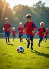 Children play soccer energetically on a grass field, with a focus on the players and dynamic light and shadow enhancing the lively scene.


