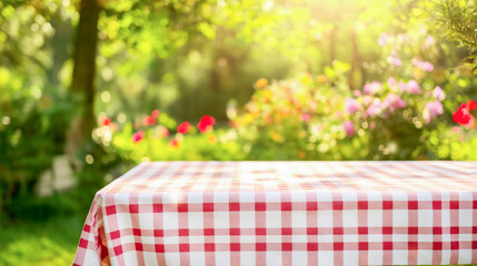 Red and white tablecloth in garden
