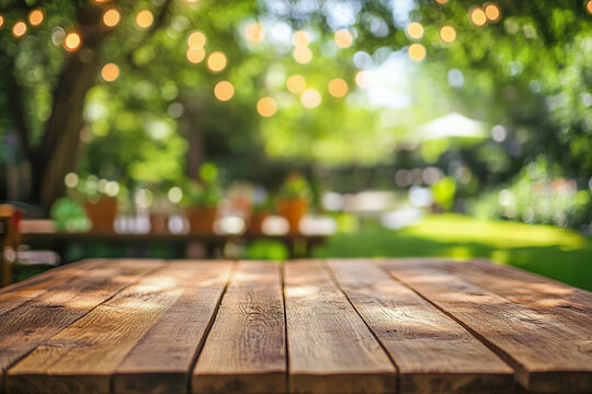 Summer time party in backyard with empty wooden table and blurred background