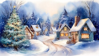 Christmas Eve in the Village- A cozy, tranquil village scene painted in soft watercolors style. Graphic art illustration