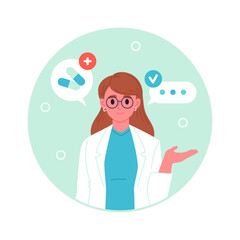 Medical clinic worker portrait. Physician or surgeon consultation, medical hospital worker portrait, medical doctor business card flat vector illustration. Female doctor avatar