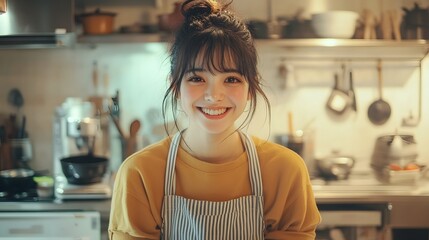 キッチンで笑顔で見つめる笑顔の日本人女性