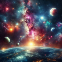 Obraz premium Seamless space texture background. Stars in the night sky with purple pink and blue nebula. A high resolution astrology or astronomy backdrop pattern created using AI