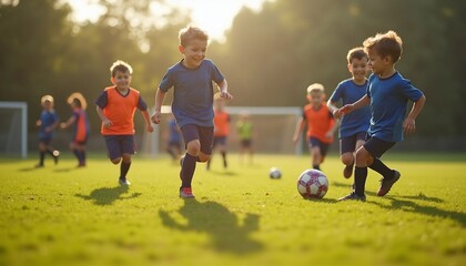Naklejka premium Children play soccer energetically on a grass field, with a focus on the players and dynamic light and shadow enhancing the lively scene.