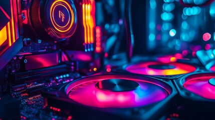 Upgrade or repair of a gaming computer featuring a modern power PC in the dark with neon lights from the CPU coolers and memory boards Configuration or repair of desktop gaming computer