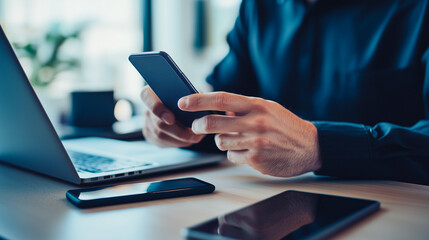 Focused executive managing tasks using a smartphone and laptop, exemplifying modern multitasking and digital integration in business operations.