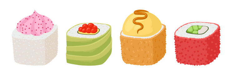 Sushi rolls. Japanese seafood dish, sushi, rolls with salmon, eel, tuna and caviar flat vector illustration set. Cartoon traditional asian cuisine