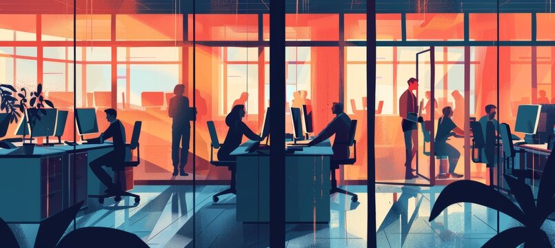 Shadowed Employees in Corporate Office Illustrating Dehumanizing and Oppressive Work Culture
