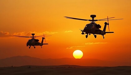 Two attack helicopters fly side by side against a glowing sunset backdrop.






