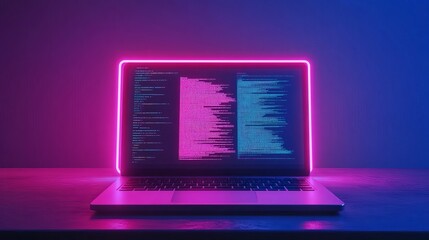 Vector illustration of a laptop with an open screen on a desk in front view Computer program code displayed on the screen with abstract neon geometrical design elements Programming