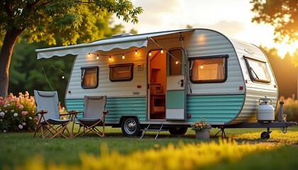 Decorative caravans and camping chairs at a caravan campsite.

