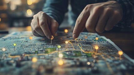View of a man holding a 3D rendering of a pin holder on a map