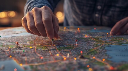 View of a man holding a 3D rendering of a pin holder on a map