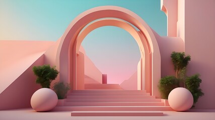 "Step into a world of modern art with a 3D render of an arch and stairs, rendered in a trendy geometric style. The gradient pastel colors of the background add a touch of softness to the sleek and min