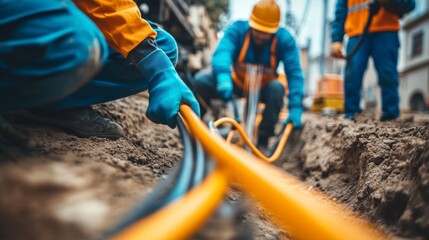 Workers in uniforms and helmets lay fiber optic cables for internet in the city.