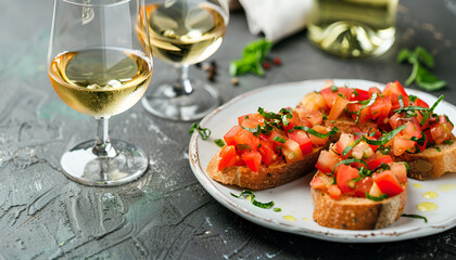 Tasty bruschetta served with white wine on table