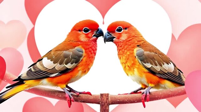 Two lovebirds perched closely on a branch against a heart-filled backdrop, symbolizing love and companionship.