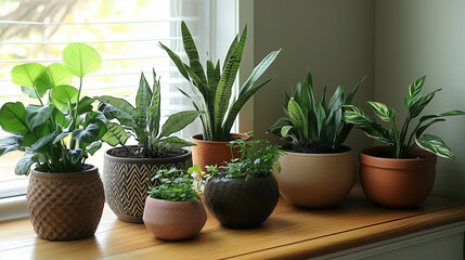 Fototapeta premium Indoor Plants in Ceramic Pots on a Windowsill