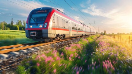 Naklejka premium Sustainable Electric Train Traveling Through Scenic Countryside - Renewable Transportation Concept