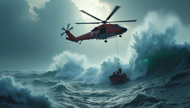 A rescue helicopter hovers over a choppy ocean, with high waves crashing against a lifeboat and crew members being lowered to assist distressed survivors, highlighting the perilous rescue operation.

