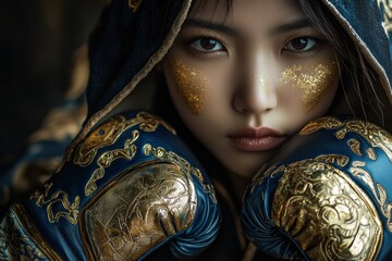 a Japanese woman in ornate Thai gold gloves reflects deep concentration and resolve before the fight.