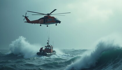 Fototapeta premium A rescue helicopter hovers over a choppy ocean, with high waves crashing against a lifeboat and crew members being lowered to assist distressed survivors, highlighting the perilous rescue operation.