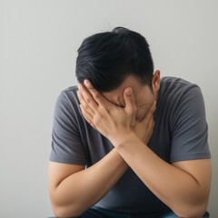 Fototapeta premium Close-Up of Hands Covering Face in Emotional Distress in Home Office Setting