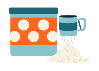 Mug for sifting wheat flour and storage. Iron Soviet container in circles. Sieve with handle, baking powder. Products and tools for cooking in the kitchen. Ingredient. Grocery. Vector illustration