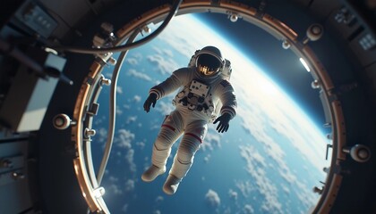 A fully equipped astronaut inside a space station, with Earth visible in the background.