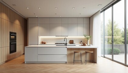 A stylish and attractive kitchen in a detached house, featuring white tones, an island, wooden chairs, and decorative lighting.