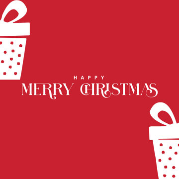 Minimalist Merry Christmas Greeting Card with Gift Icons on Red Background.